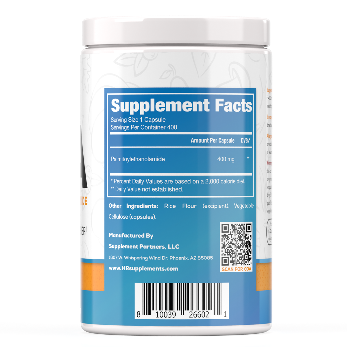 Palmitoylethanolamide Capsules | 400mg (400 count) — supplement facts label